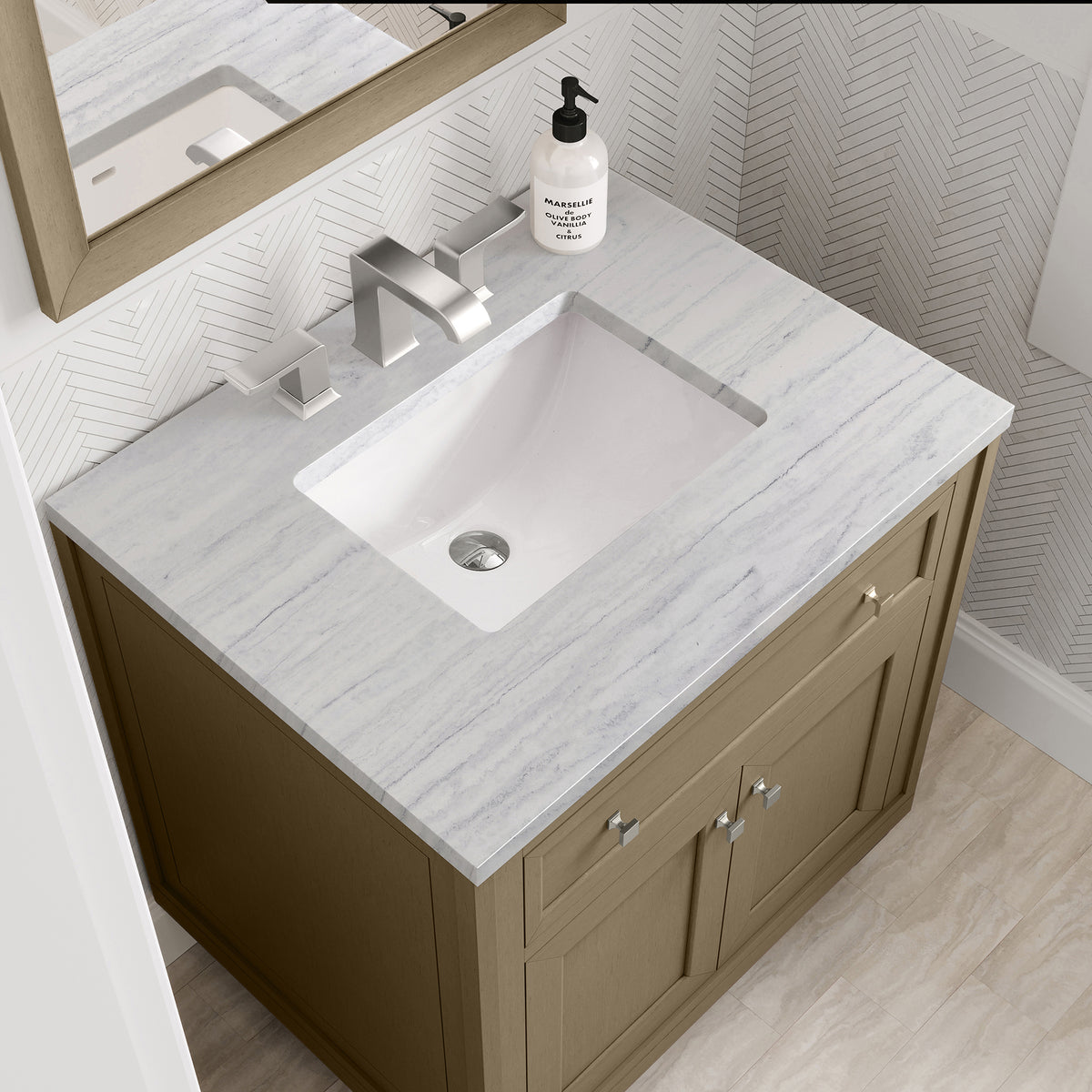 30" Chicago Single Vanity, Walnut Whisper with Arctic Fall Solid Surface Top