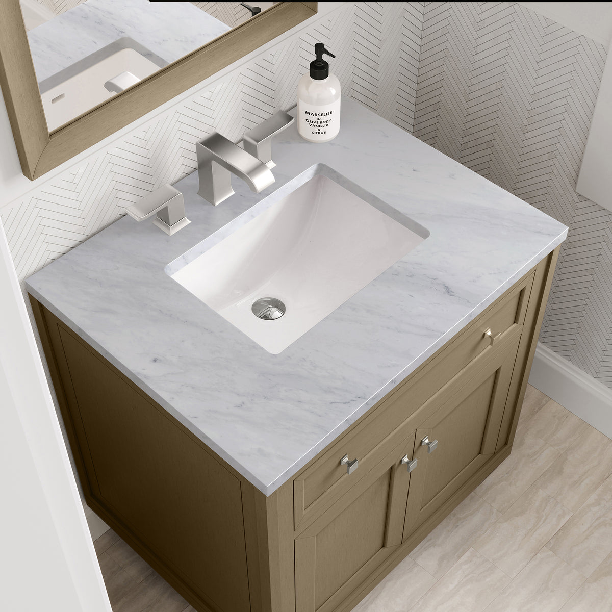 30" Chicago Single Vanity, Walnut Whisper with Carrara White Marble Top