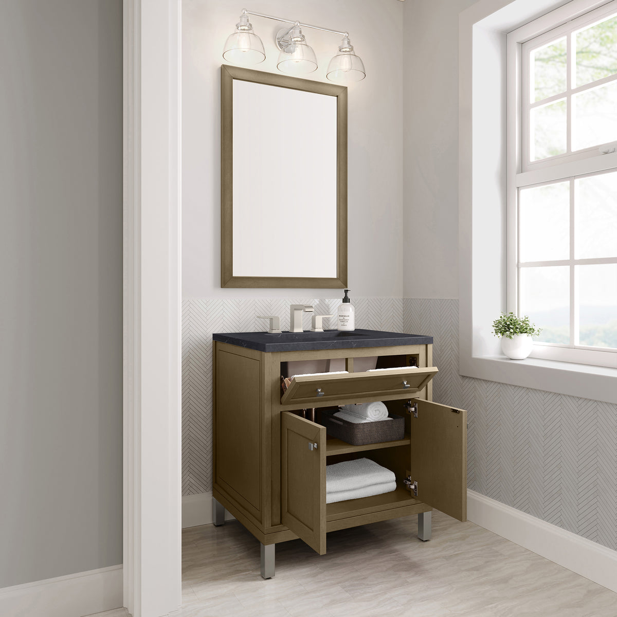 30" Chicago Single Vanity, Walnut Whisper with Charcoal Soapstone Top