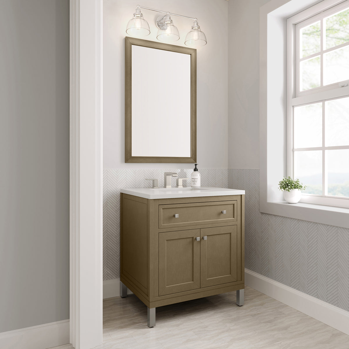 30" Chicago Single Vanity, Walnut Whisper with White Zeus Top