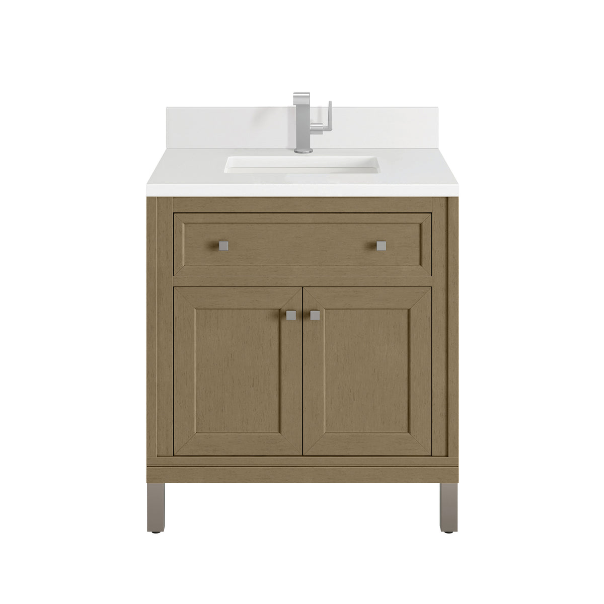 30" Chicago Single Vanity, Walnut Whisper with White Zeus Top and Backsplash