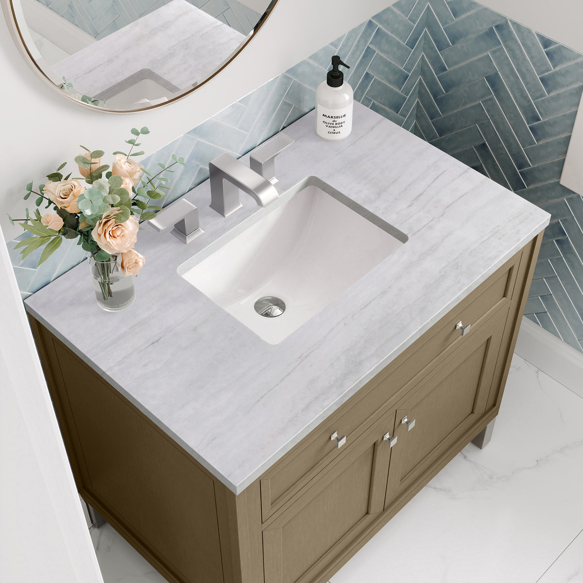 36" Chicago Single Vanity, Walnut Whisper with Arctic Fall Solid Surface Top