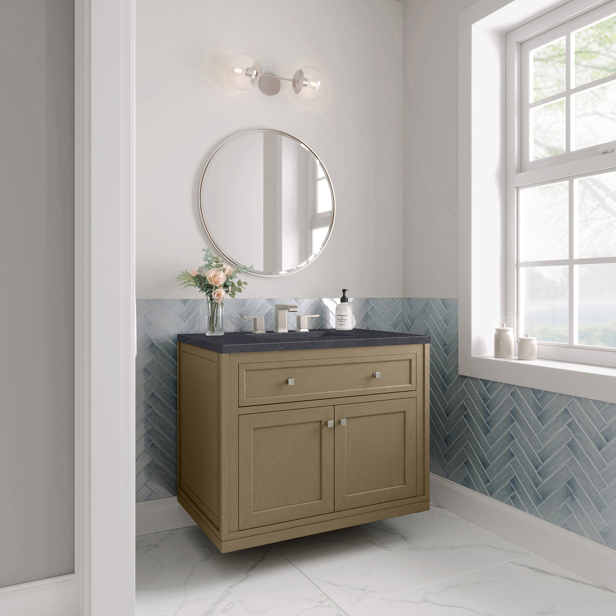 36" Chicago Single Vanity, Walnut Whisper with Charcoal Soapstone Top