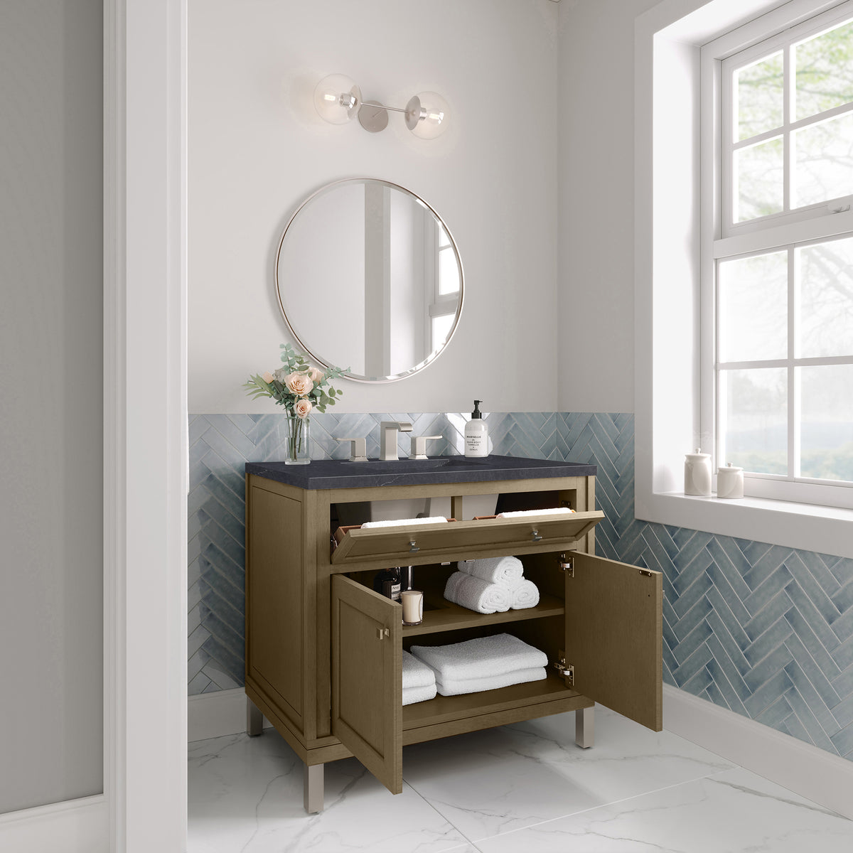 36" Chicago Single Vanity, Walnut Whisper with Charcoal Soapstone Top