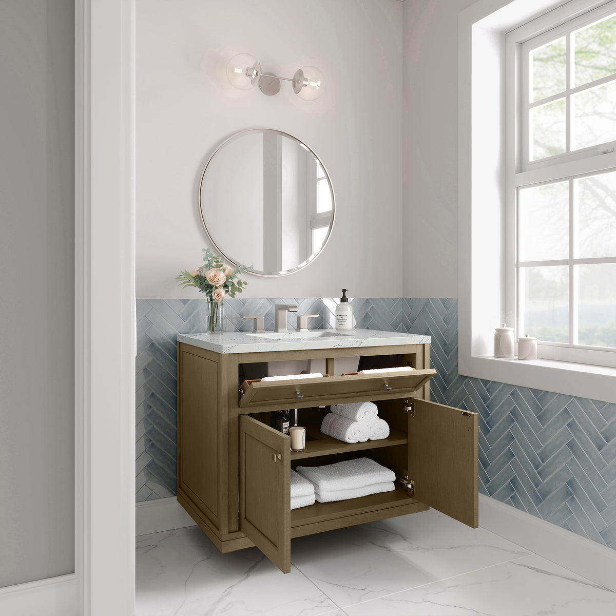 36" Chicago Single Vanity, Walnut Whisper with Ethereal Noctis Top