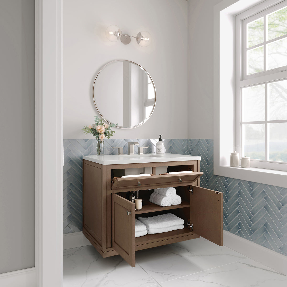 36" Chicago Single Vanity, Walnut Whisper with White Zeus Top