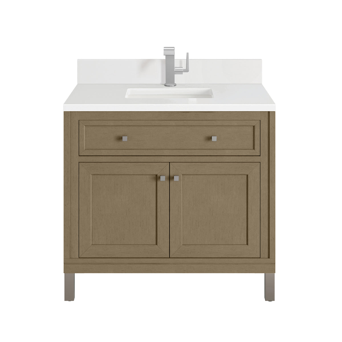 36" Chicago Single Vanity, Walnut Whisper with White Zeus Top & Backsplash