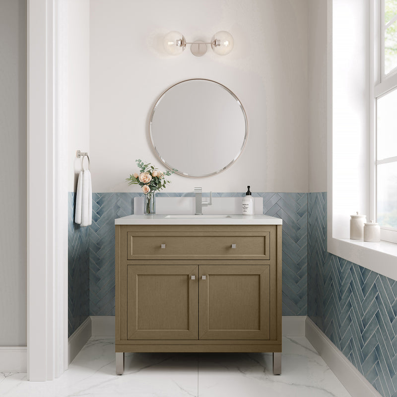 36" Chicago Single Vanity, Walnut Whisper with White Zeus Top & Backsplash