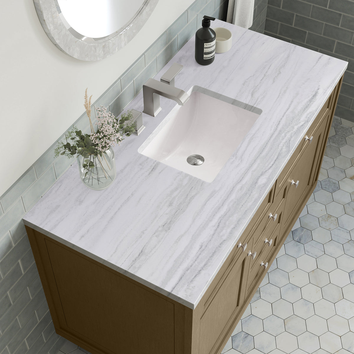 48" Chicago Single Vanity, Walnut Whisper with Arctic Fall Top