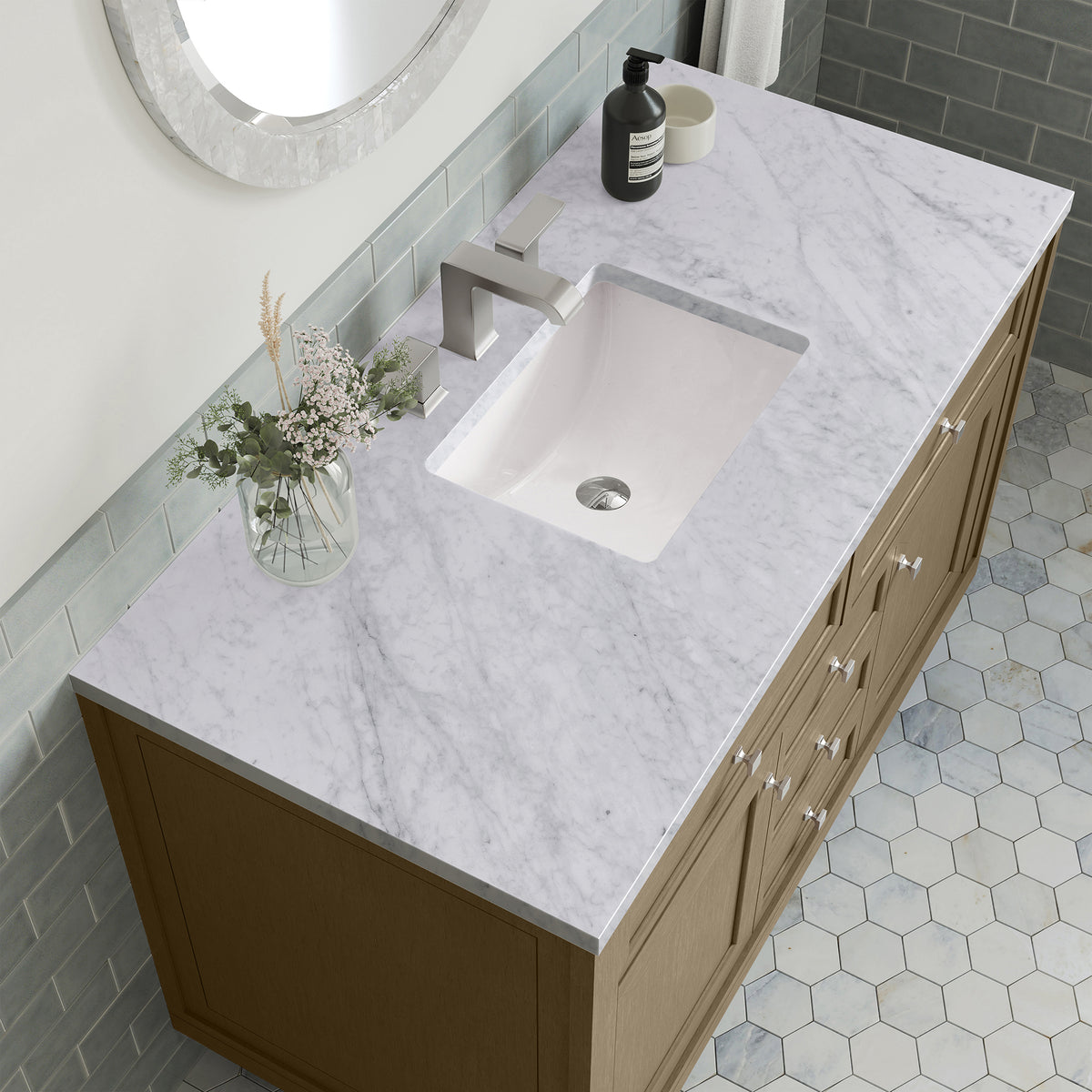 48" Chicago Single Vanity, Walnut Whisper with Carrara White Marble Top