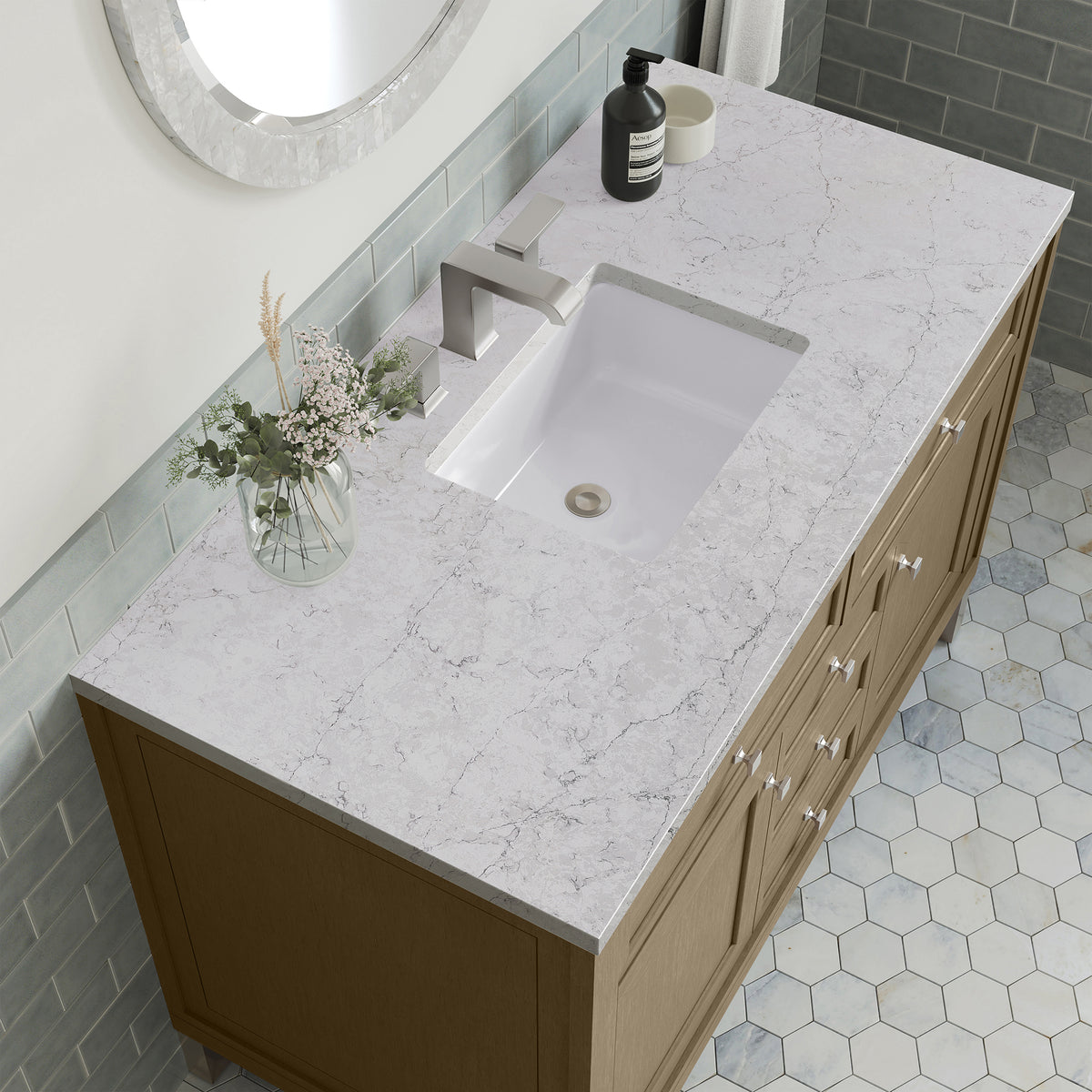 48" Chicago Single Vanity, Walnut Whisper with Eternal Jasmine Pearl Top