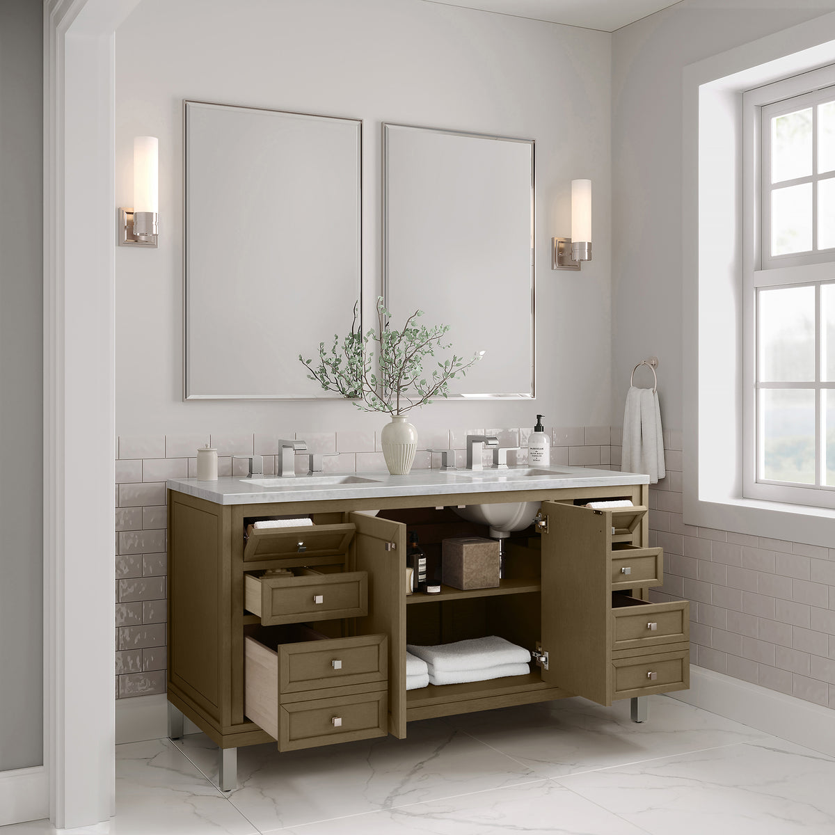 60" Chicago Double Vanity, Walnut Whisper with Arctic Fall Top