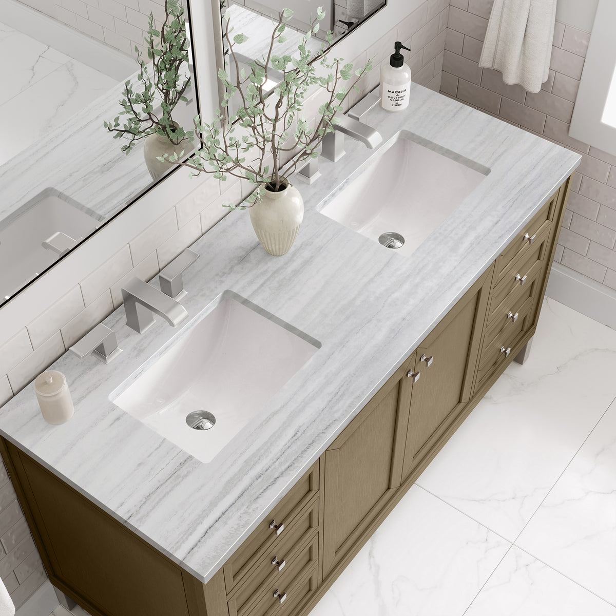 60" Chicago Double Vanity, Walnut Whisper with Arctic Fall Top