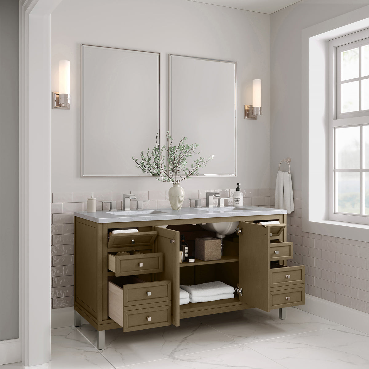60" Chicago Double Vanity, Walnut Whisper with Carrara White Marble