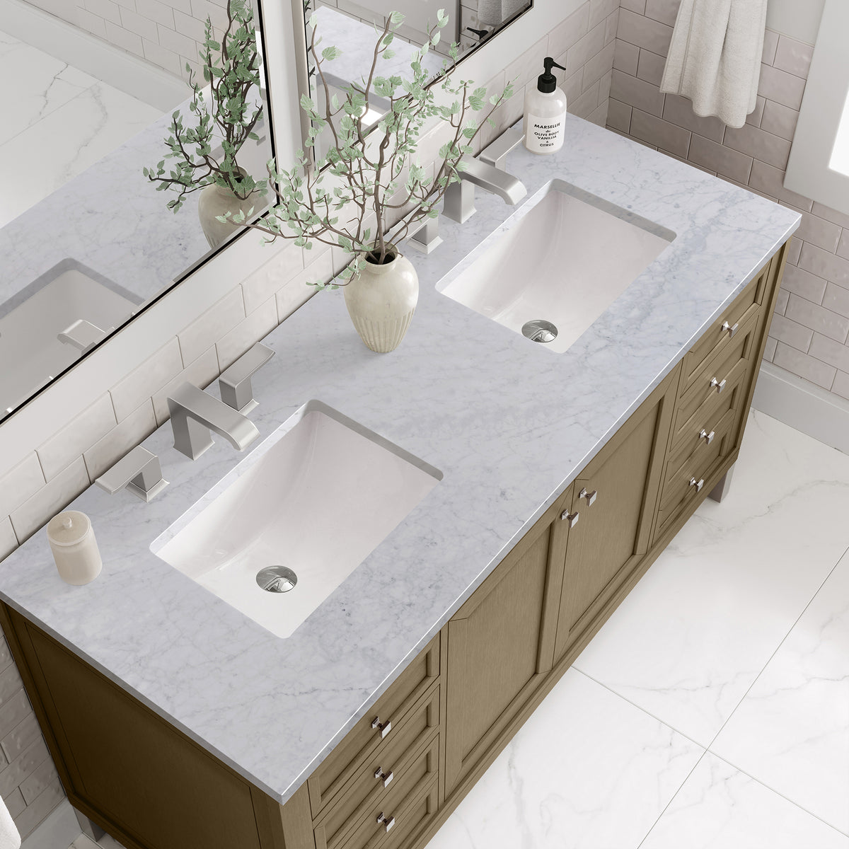 60" Chicago Double Vanity, Walnut Whisper with Carrara White Marble