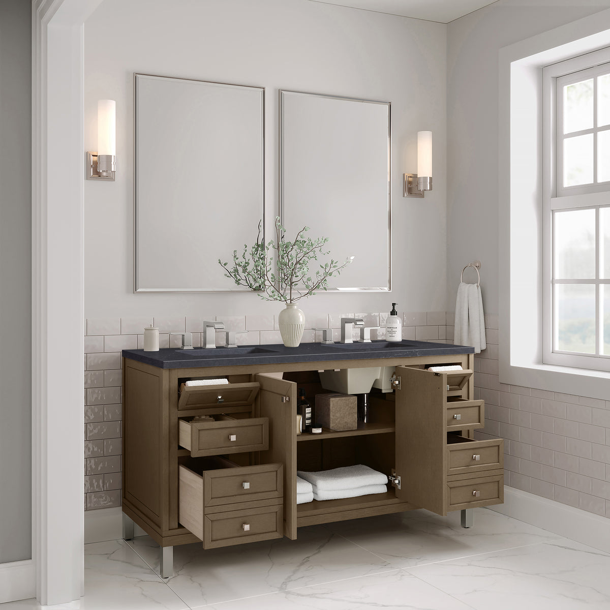 60" Chicago Double Vanity, Walnut Whisper with Charcoal Soapstone Top