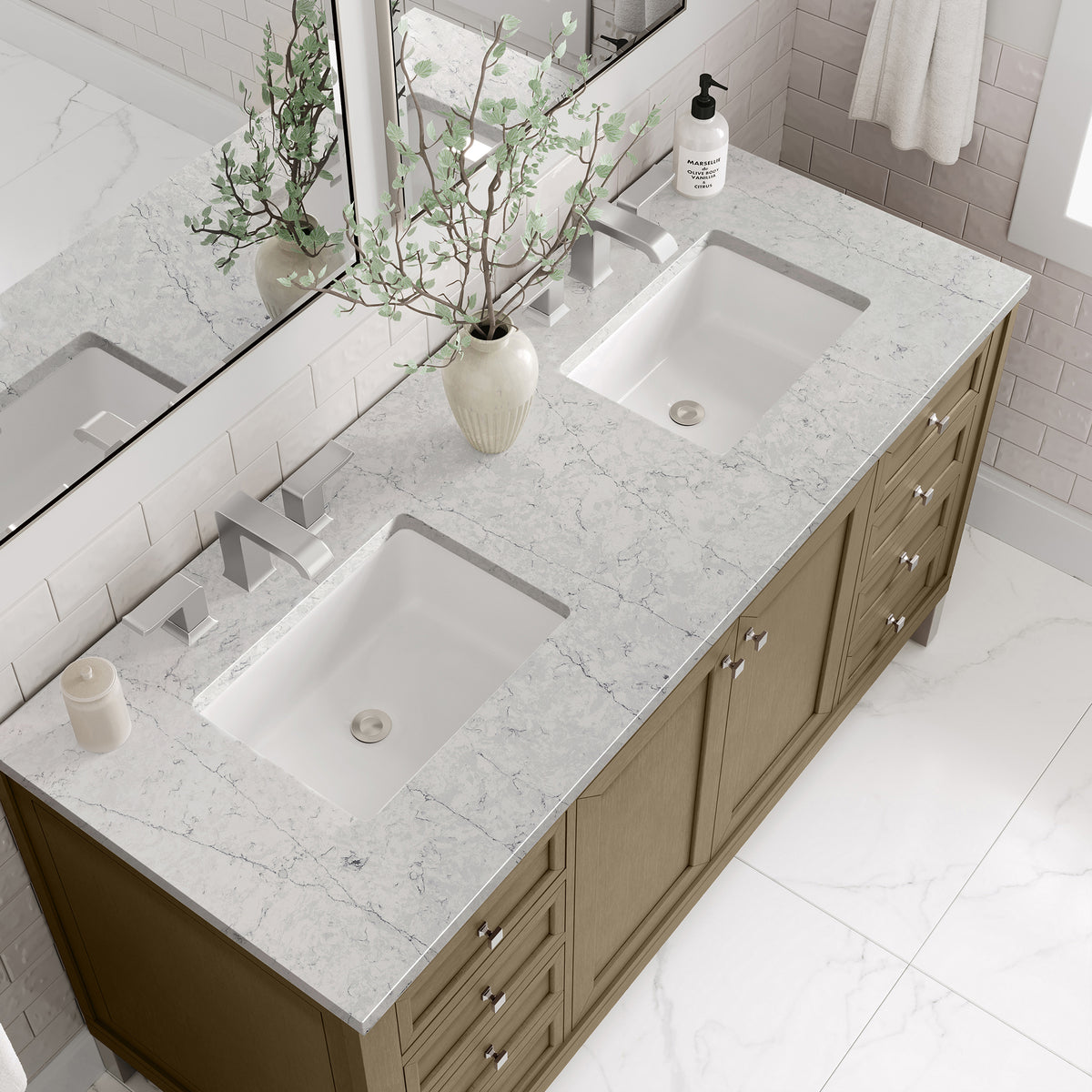 60" Chicago Double Vanity, Walnut Whisper with Eternal Jasmine Pearl Top