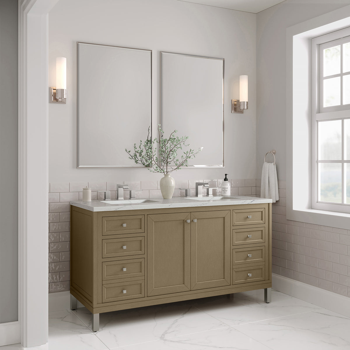 60" Chicago Double Vanity, Walnut Whisper with Ethereal Noctis Top