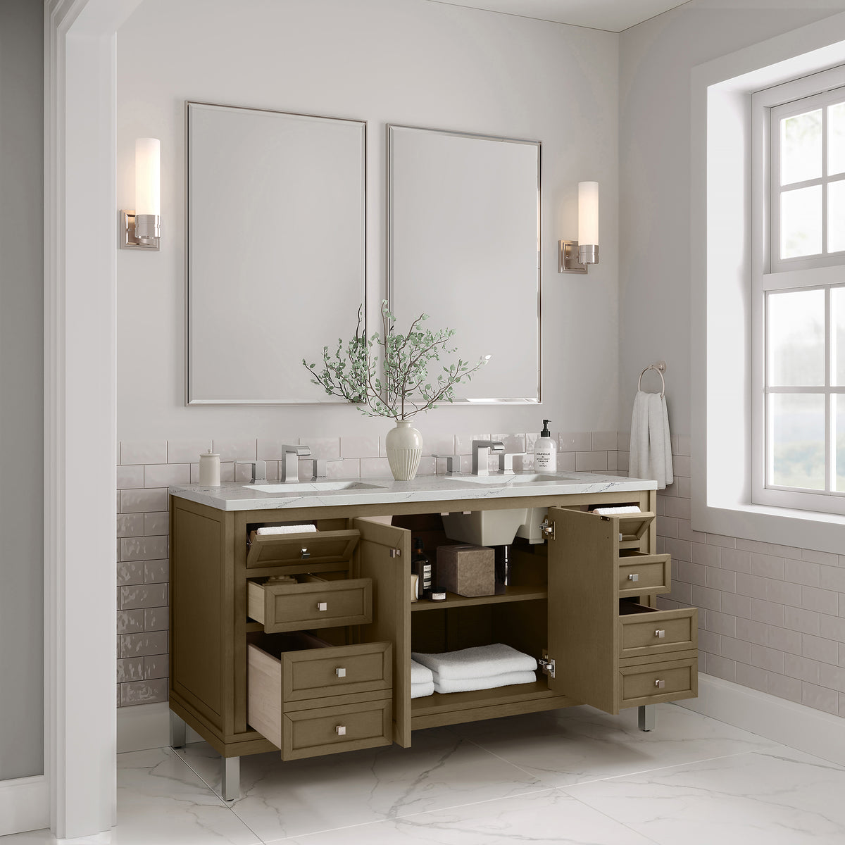 60" Chicago Double Vanity, Walnut Whisper with Ethereal Noctis Top