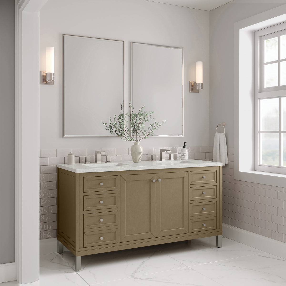 60" Chicago Double Vanity, Walnut Whisper with Lime Delight Top