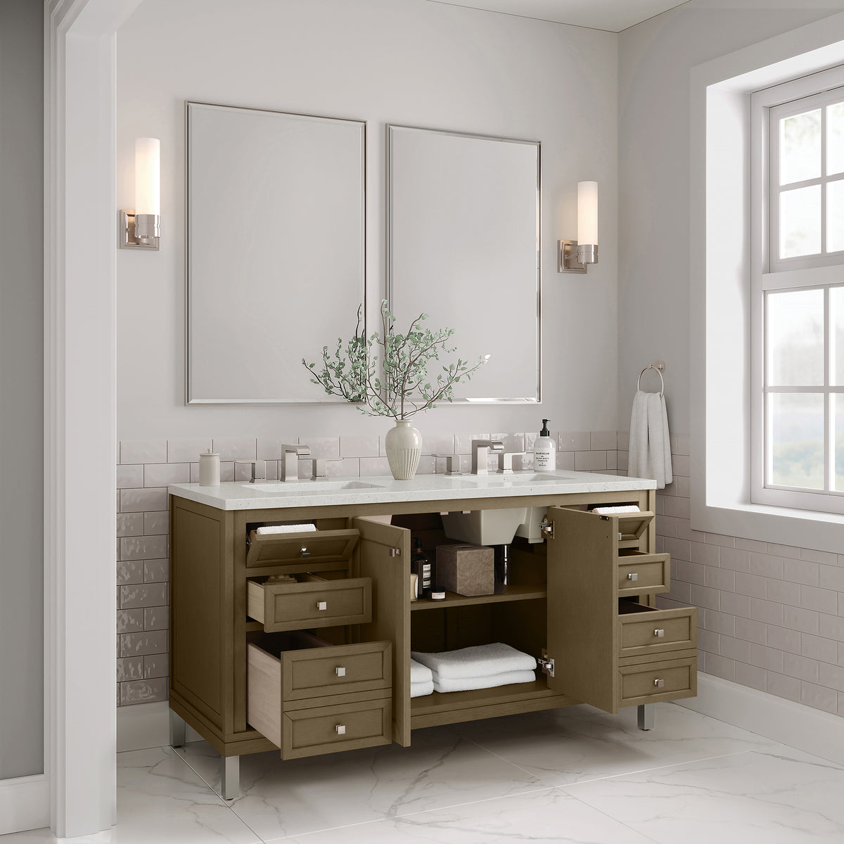 60" Chicago Double Vanity, Walnut Whisper with Lime Delight Top