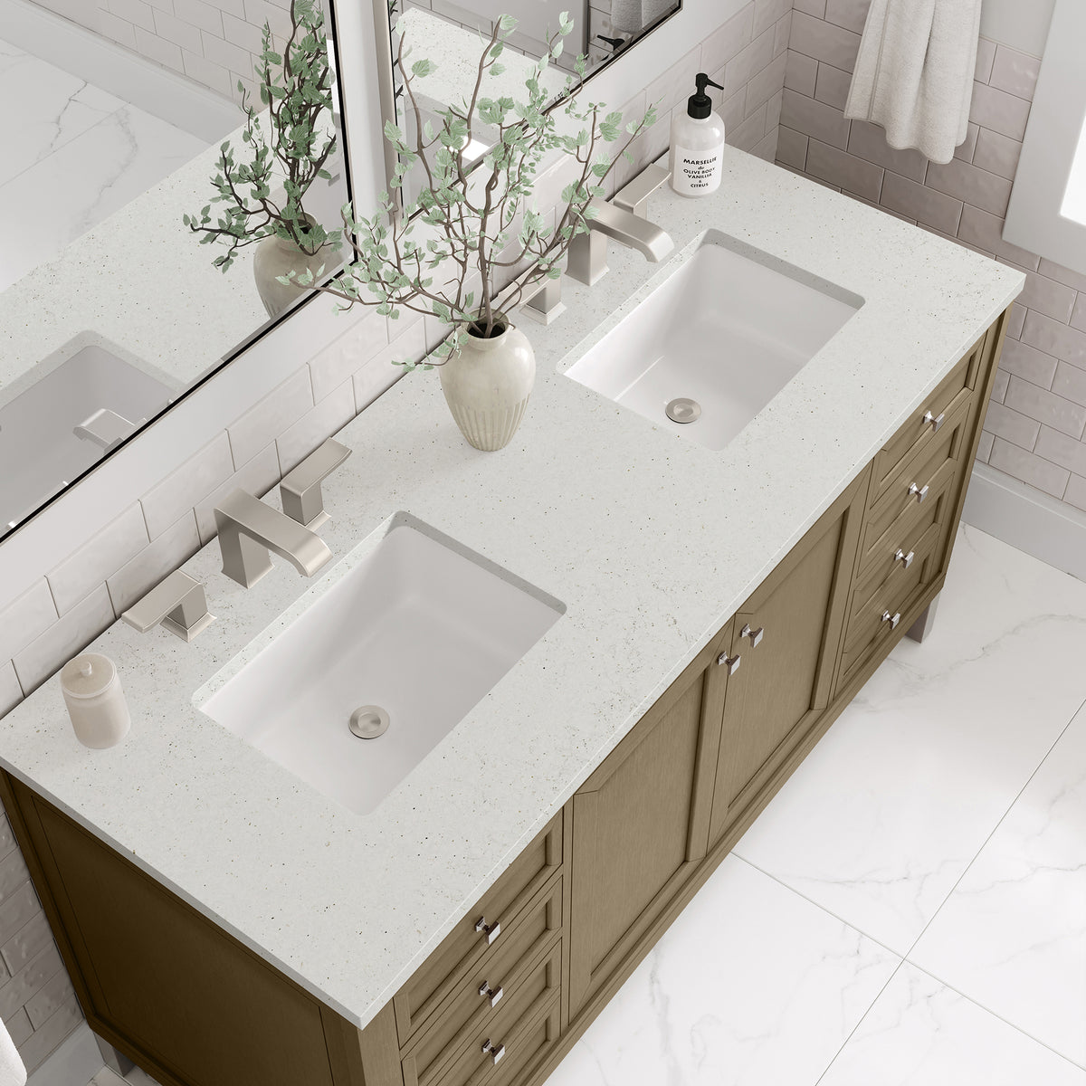 60" Chicago Double Vanity, Walnut Whisper with Lime Delight Top