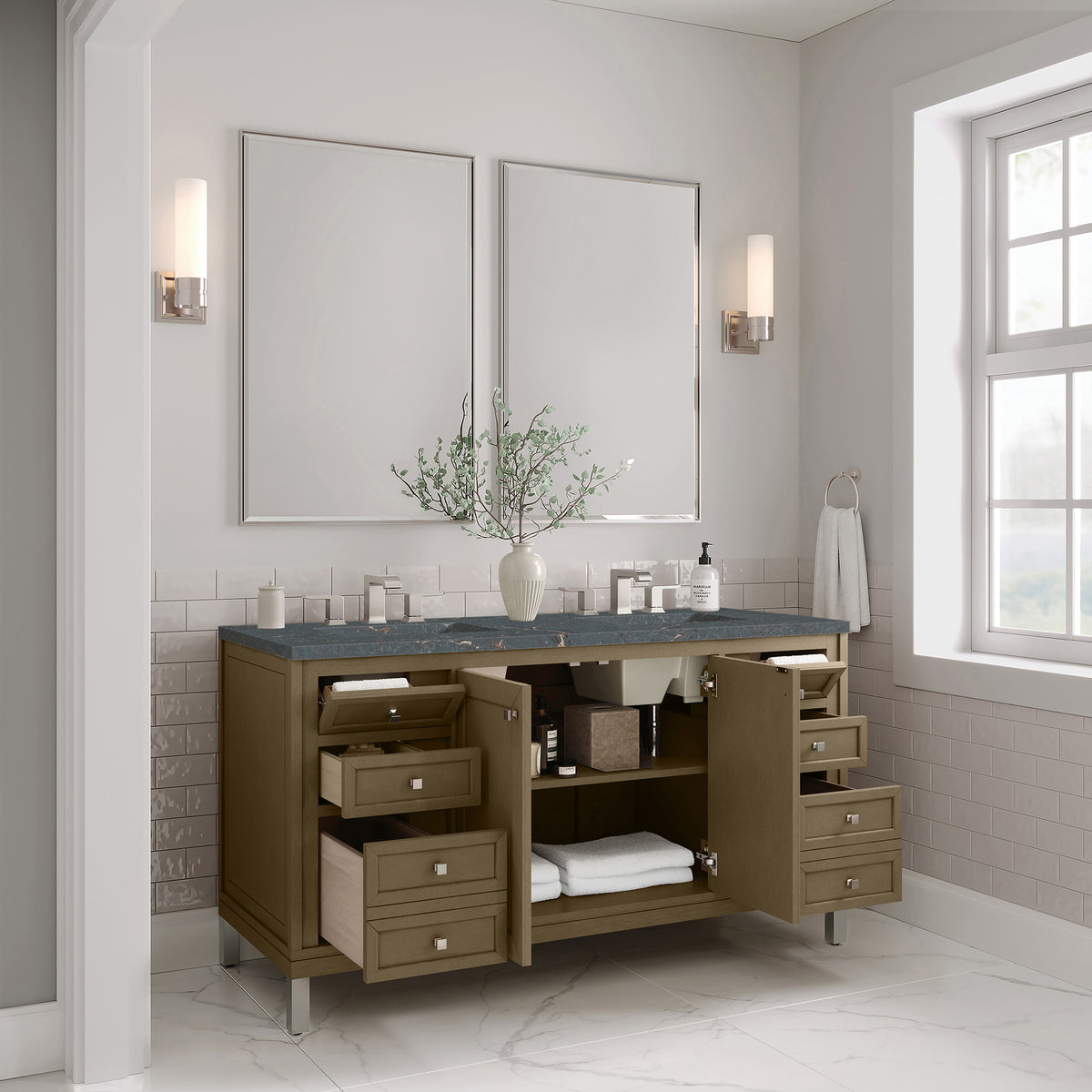 60" Chicago Double Vanity, Walnut Whisper with Parisien Bleu Top