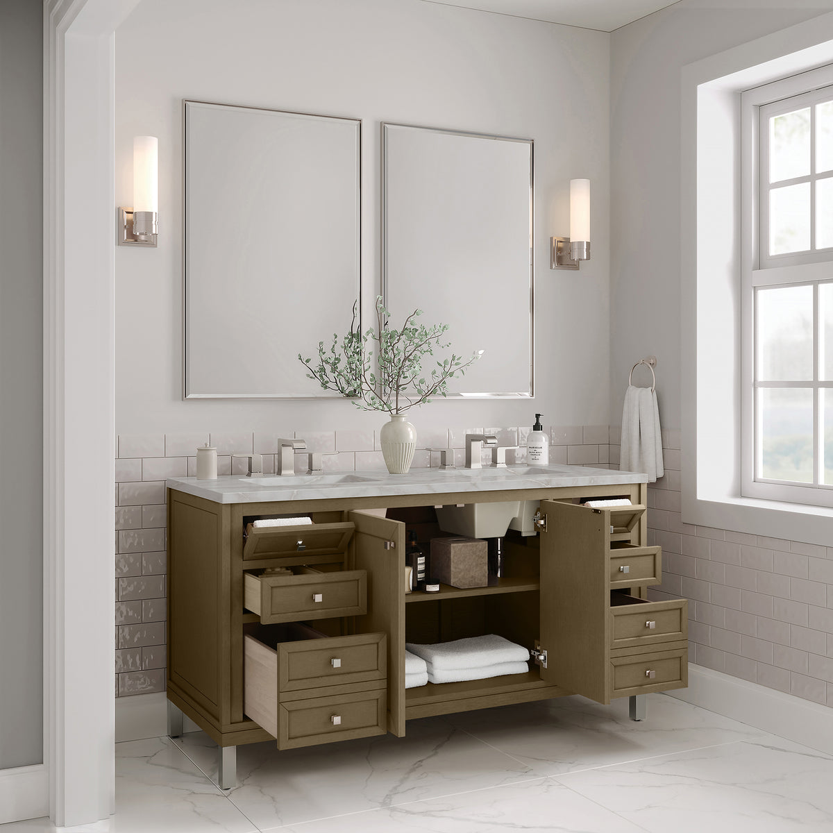 60" Chicago Double Vanity, Walnut Whisper with Victorian Silver Top