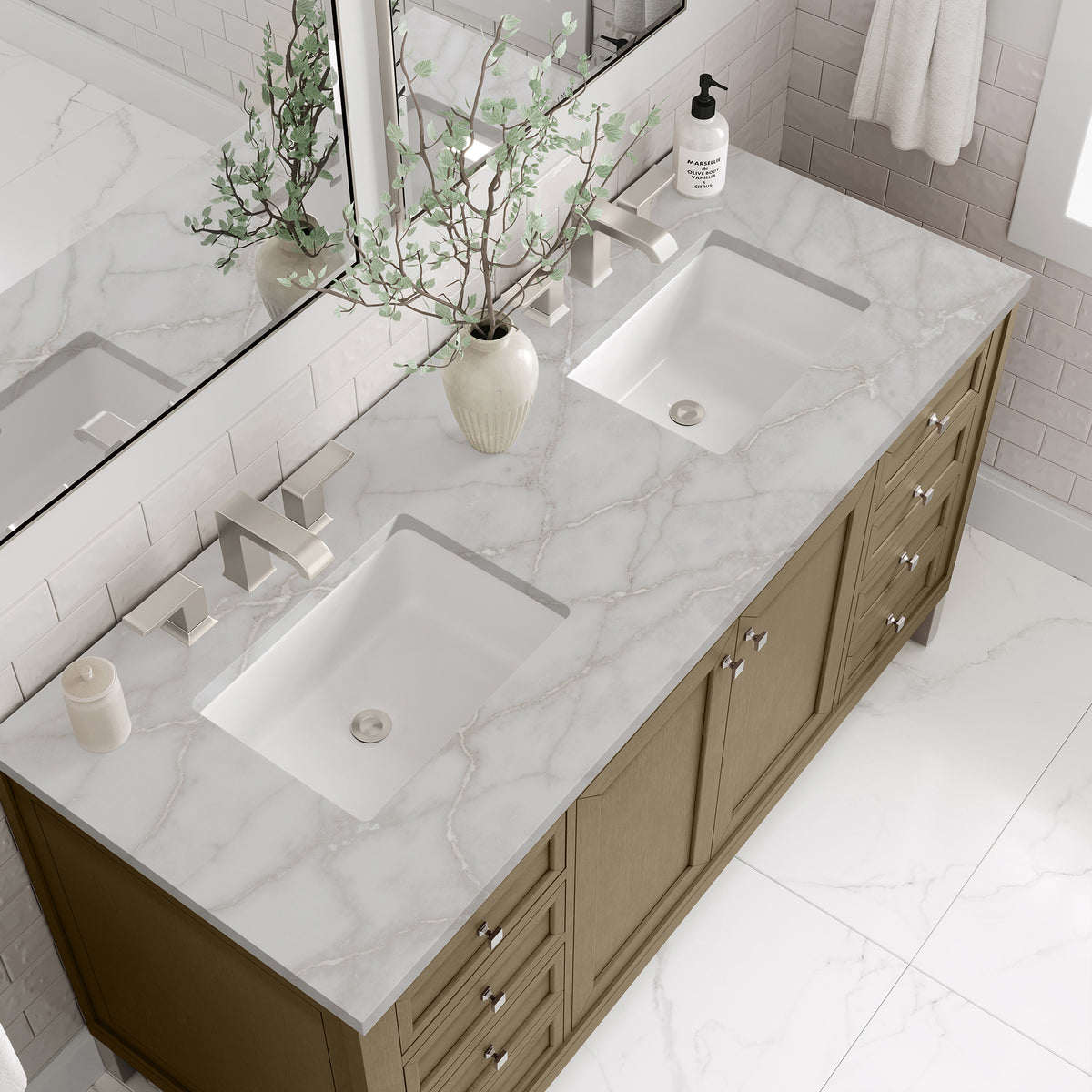 60" Chicago Double Vanity, Walnut Whisper with Victorian Silver Top