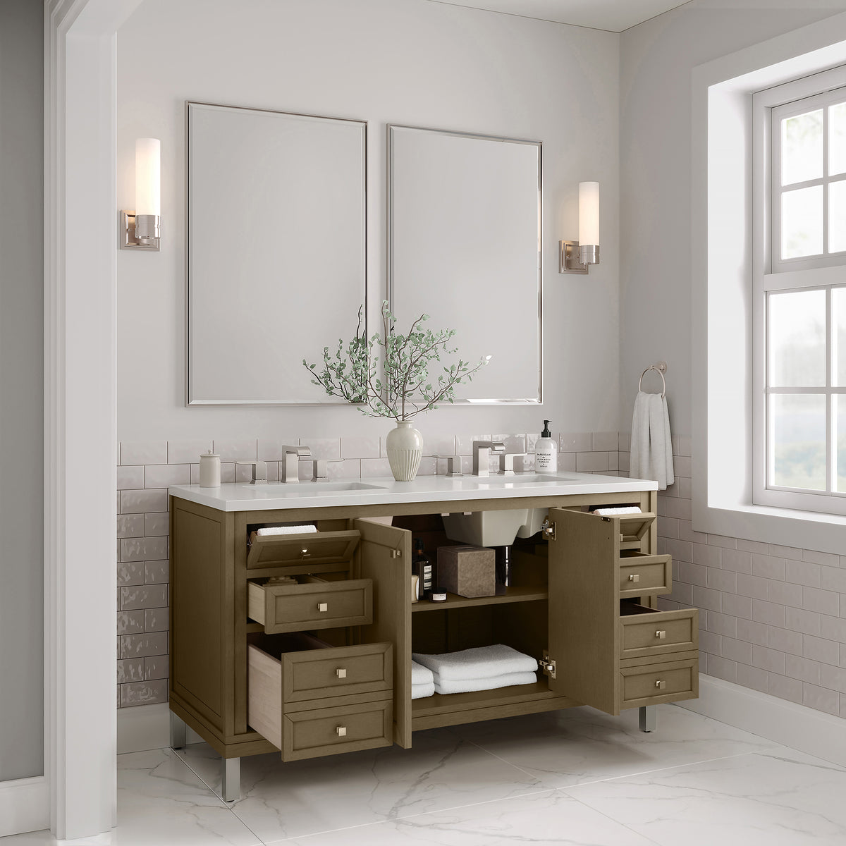 60" Chicago Double Vanity, Walnut Whisper with White Zeus Silestone Top