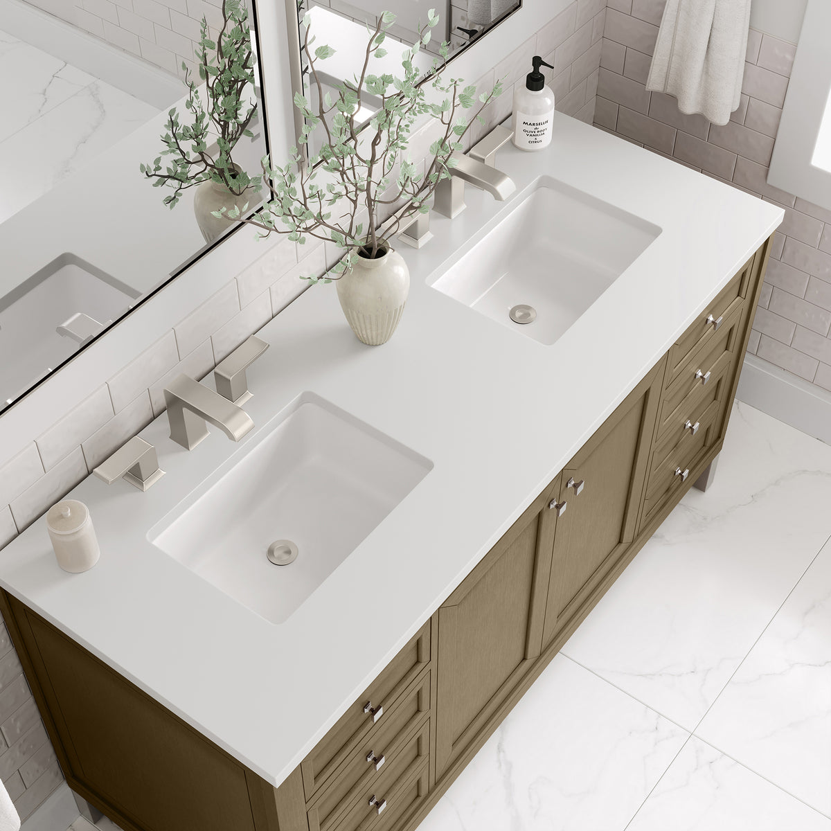 60" Chicago Double Vanity, Walnut Whisper with White Zeus Silestone Top