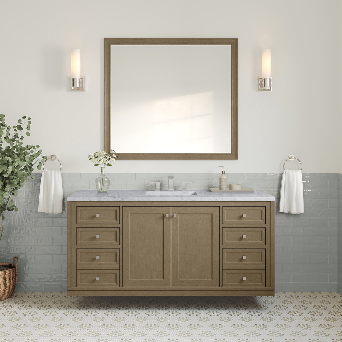 60" Chicago Single Vanity, Walnut Whisper with Arctic Fall Top
