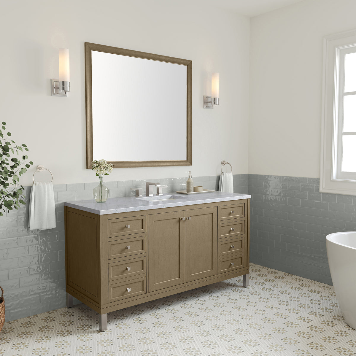 60" Chicago Single Vanity, Walnut Whisper with Carrara White Marble Top