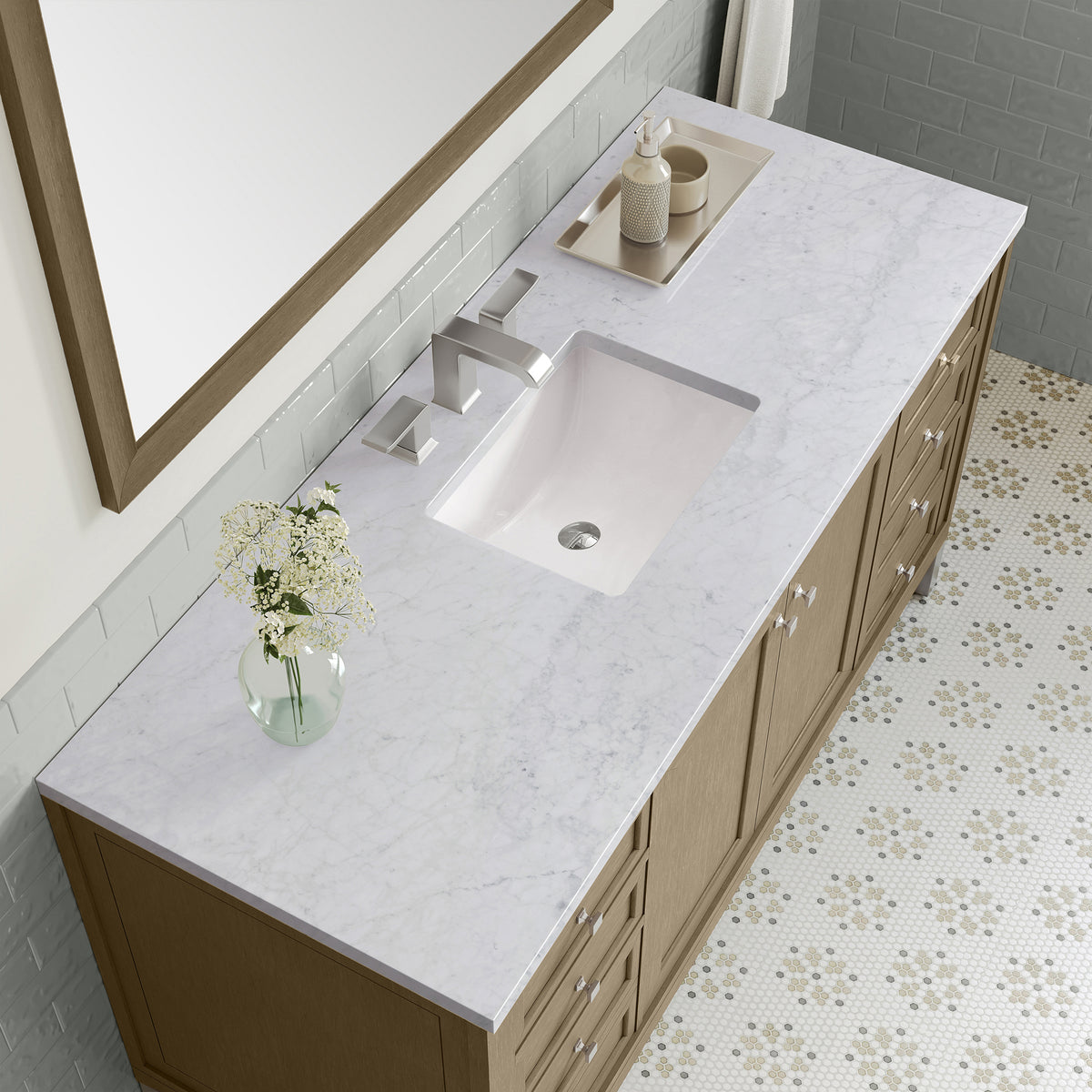 60" Chicago Single Vanity, Walnut Whisper with Carrara White Marble Top