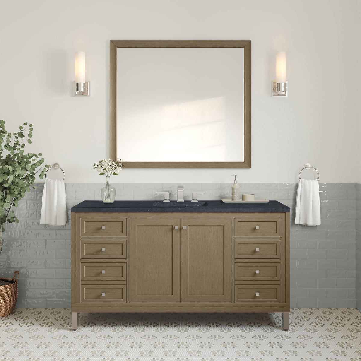 60" Chicago Single Vanity, Walnut Whisper with Charcoal Soapstone Top