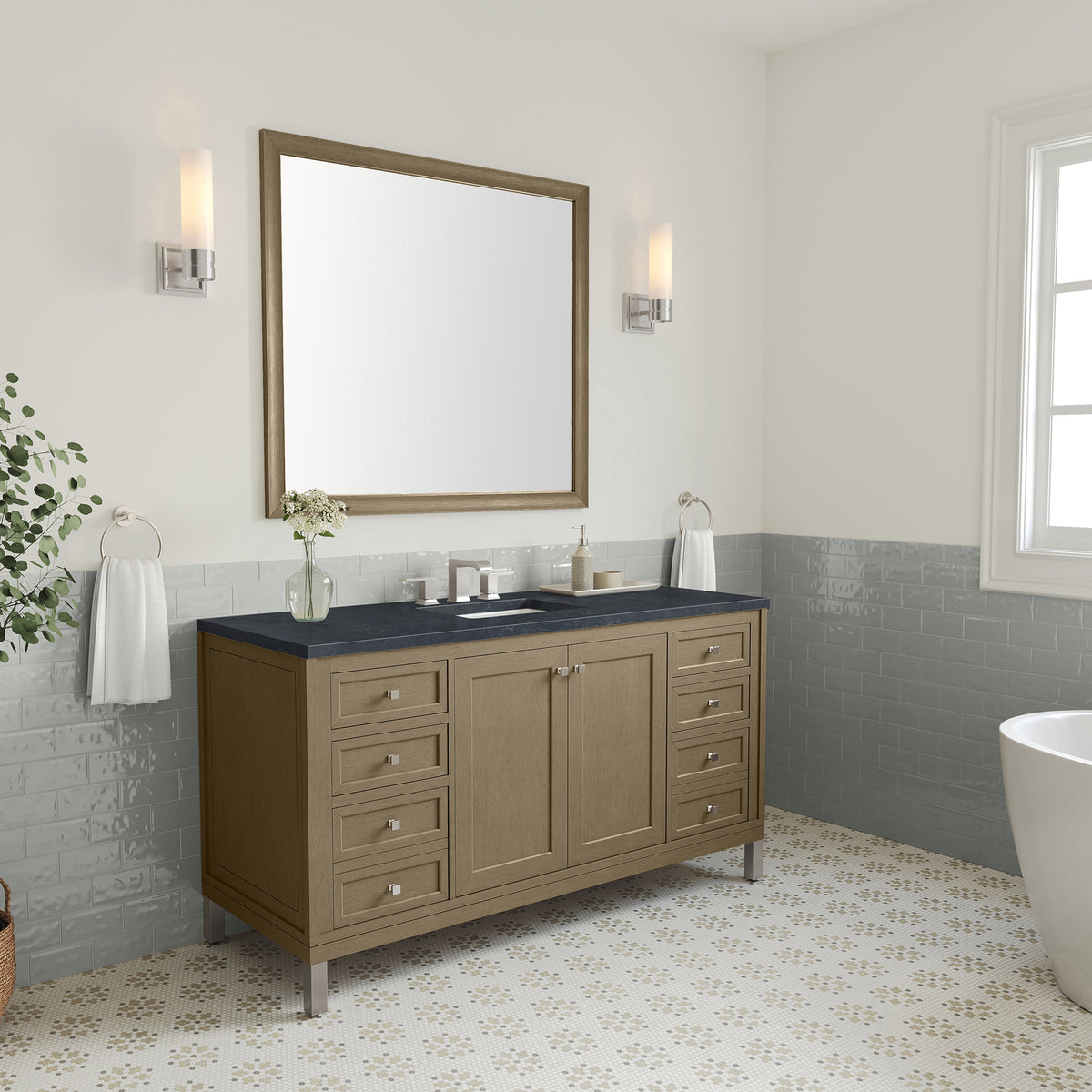 60" Chicago Single Vanity, Walnut Whisper with Charcoal Soapstone Top
