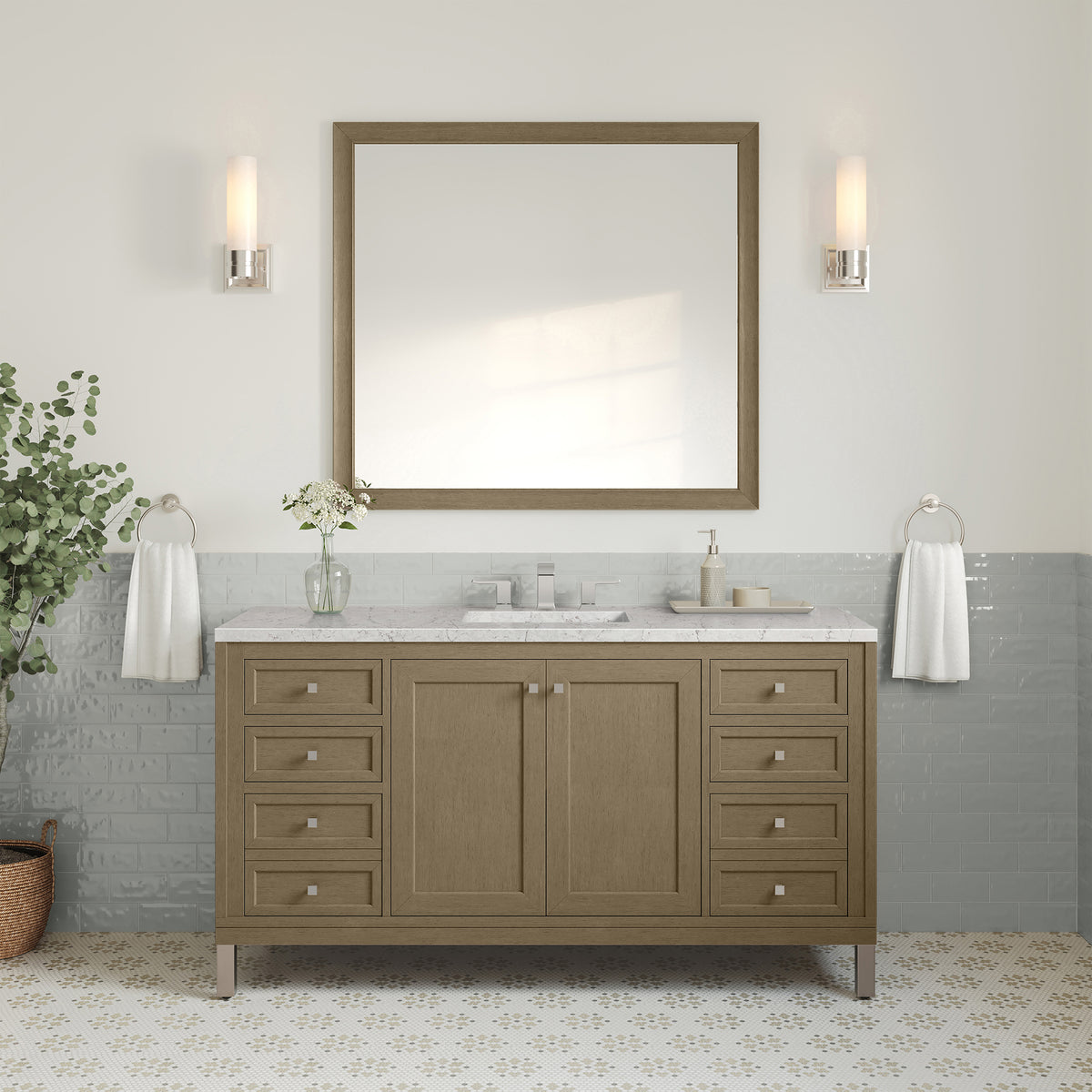 60" Chicago Single Vanity, Walnut Whisper with Eternal Jasmine Pearl