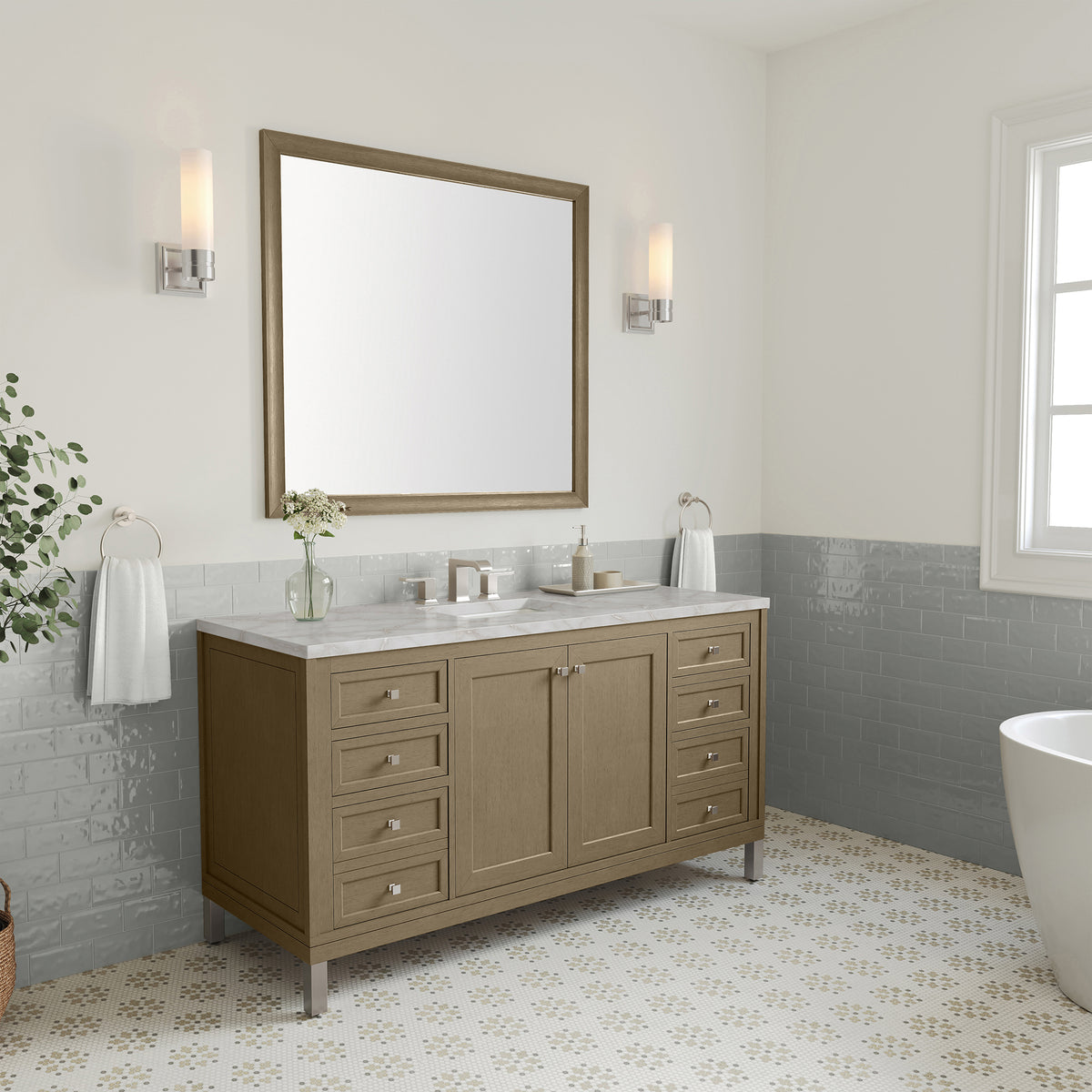 60" Chicago Single Vanity, Walnut Whisper with Victorian Silver Top