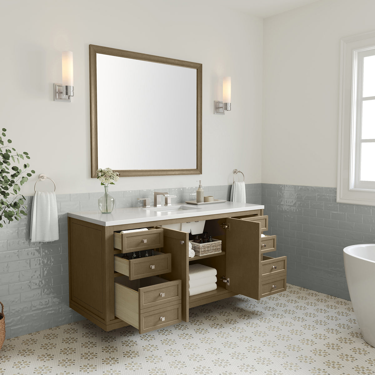 60" Chicago Single Vanity, Walnut Whisper with White Zeus Silestone Top