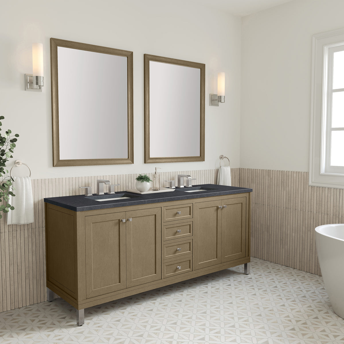 72" Chicago Double Vanity, Walnut Whisper with Charcoal Soapstone Top