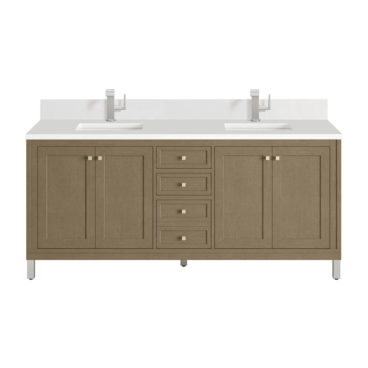 72" Chicago Double Vanity, Walnut Whisper with White Zeus Top & Backsplash