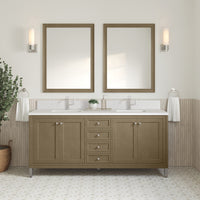 72" Chicago Double Vanity, Walnut Whisper with White Zeus Top & Backsplash