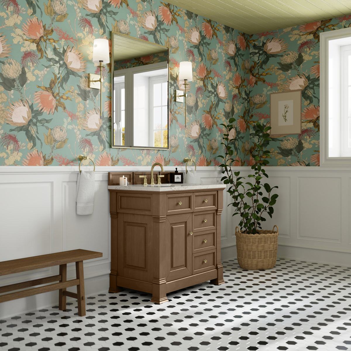 36" Brookfield Single Vanity, Pecan with Victorian Silver Silestone Top