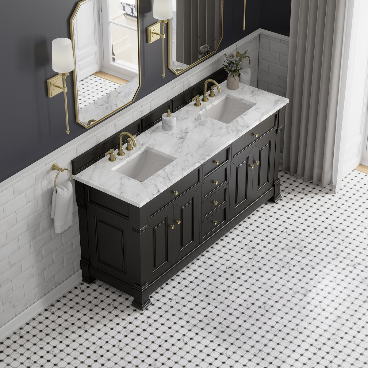 72" Brookfield Double Vanity, Black Onyx with Carrara White Marble Top