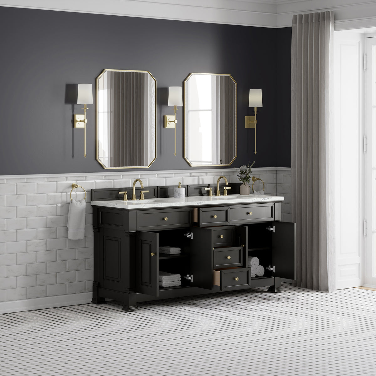 72" Brookfield Double Vanity, Black Onyx with Ethereal Noctis Top