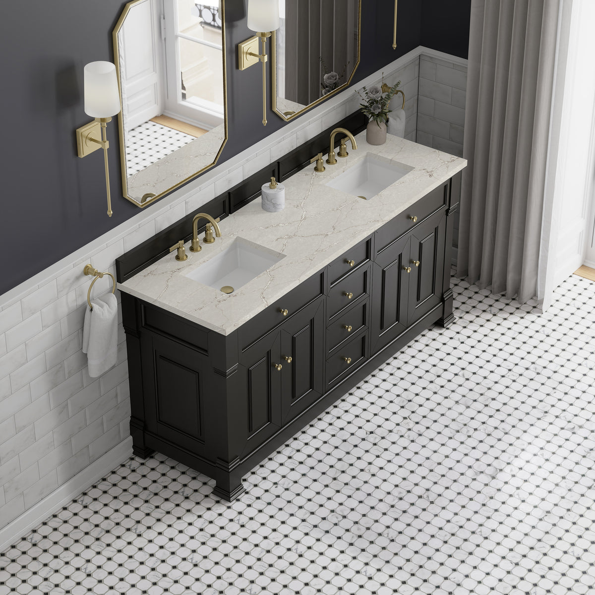72" Brookfield Double Vanity, Black Onyx with Victorian Silver Top