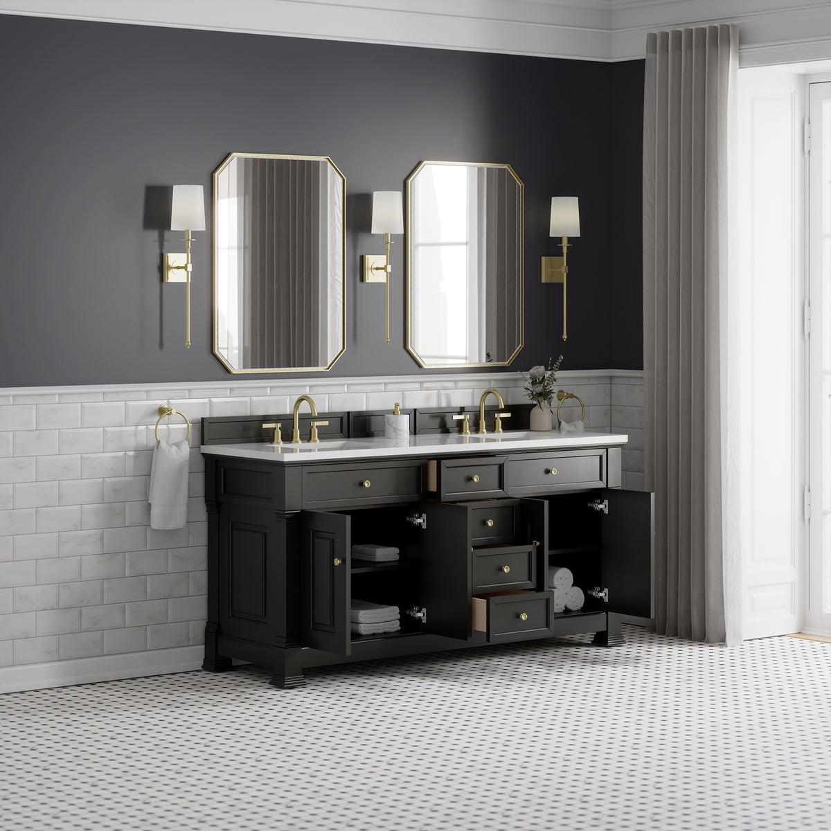 72" Brookfield Double Vanity, Black Onyx with White Zeus Top