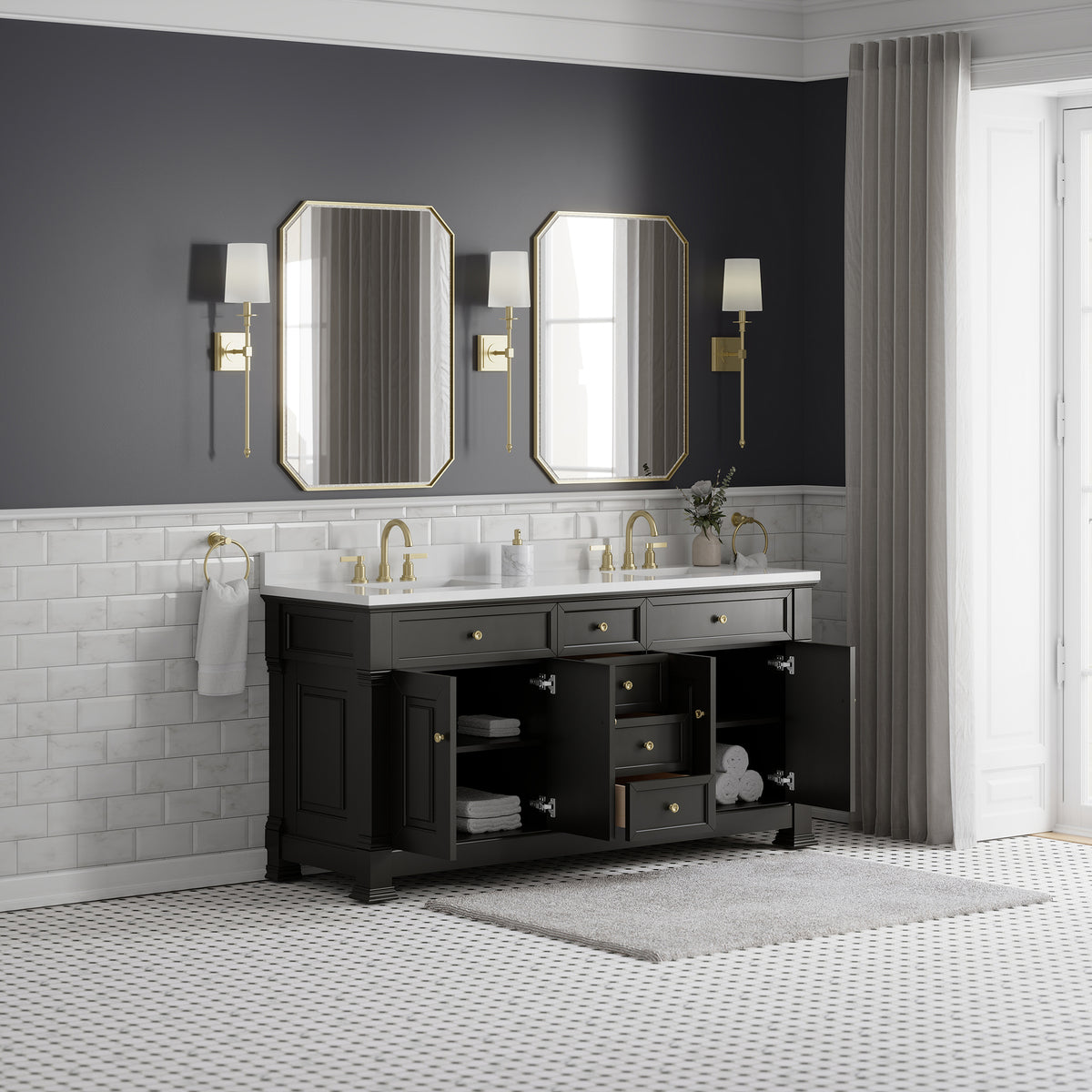 72" Brookfield Double Vanity, Black Onyx with White Zeus Top & Backsplash