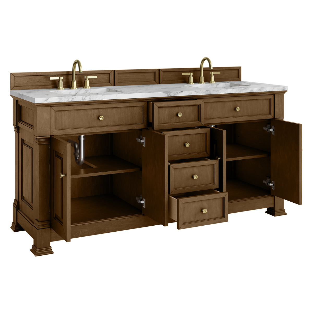 72" Brookfield Double Vanity, Honey Oak with Carrara White Marble Top