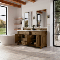 72" Brookfield Double Vanity, Honey Oak with Carrara White Marble